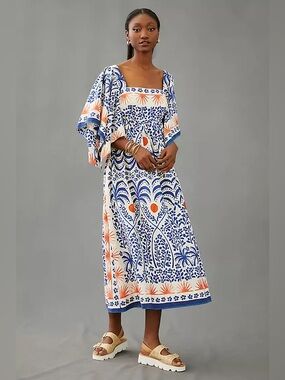 Farm Rio Afternoon Breeze Midi Dress Sz S NWT Blue Tropical Print